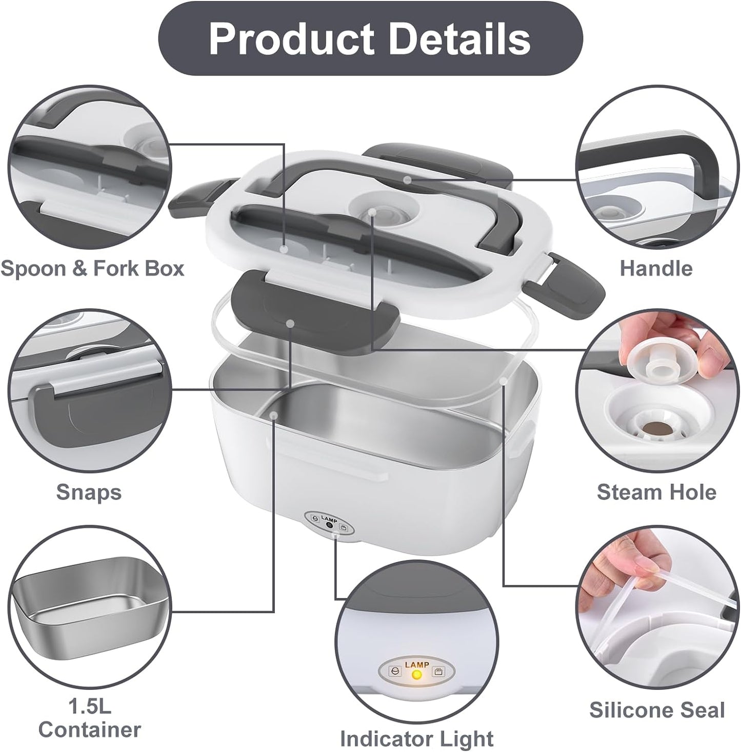 Electric Lunch Box Food Heater, AOKIWO 80W Electric Heating Lunch Boxes for Car/Men/Adults/Home/Work, 1.5L Removable 304 Stainless Steel Container, 110V/12V/24V, with Fork & Spoon
