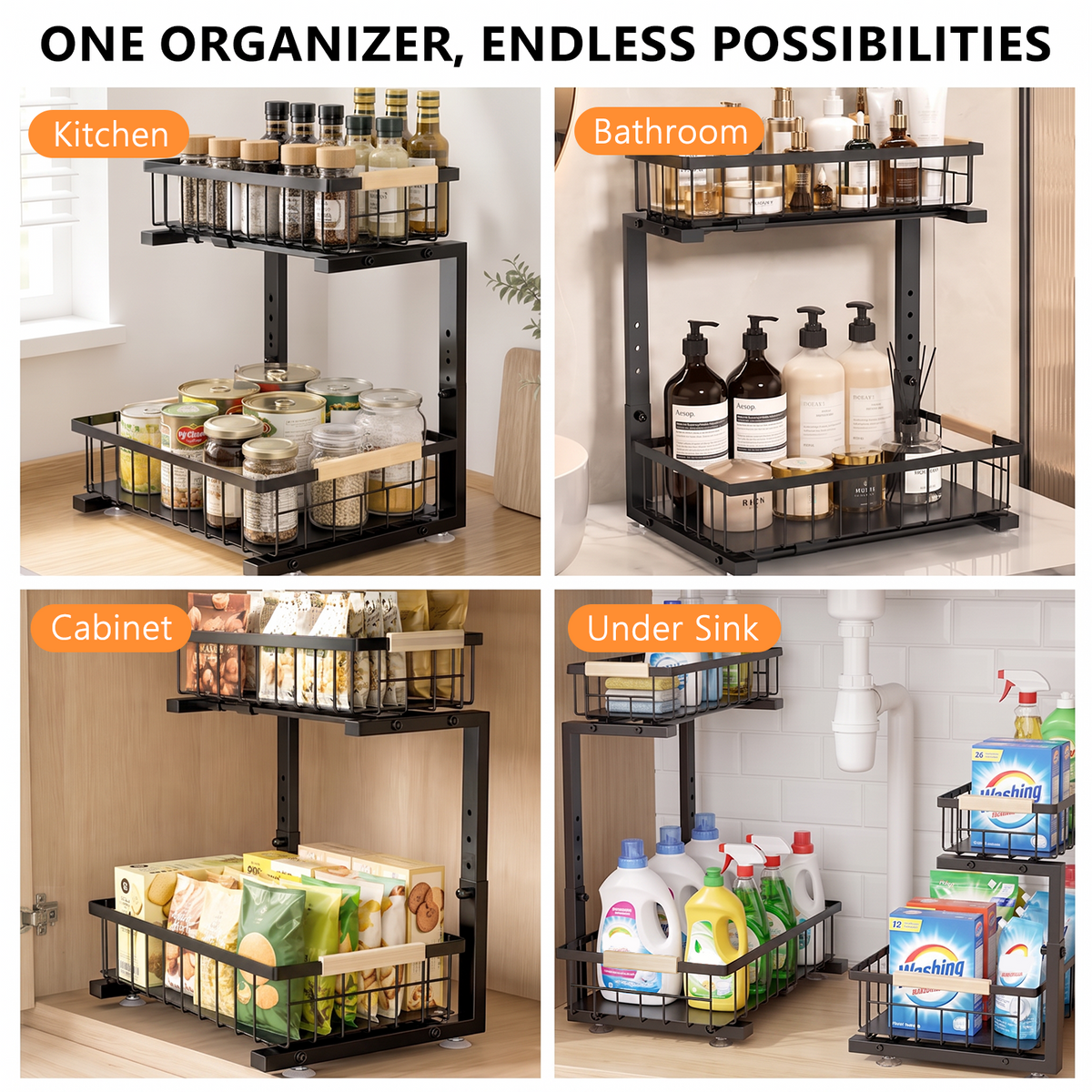 TAIMASI 1 Pack Under Sink Organizers and Storage, 2-Tier Pull Out Cabinet Organizer with Sliding Drawer, Adjustable Height Metal Bathroom Sink Organizer for Kitchen Pantry Closet, Black