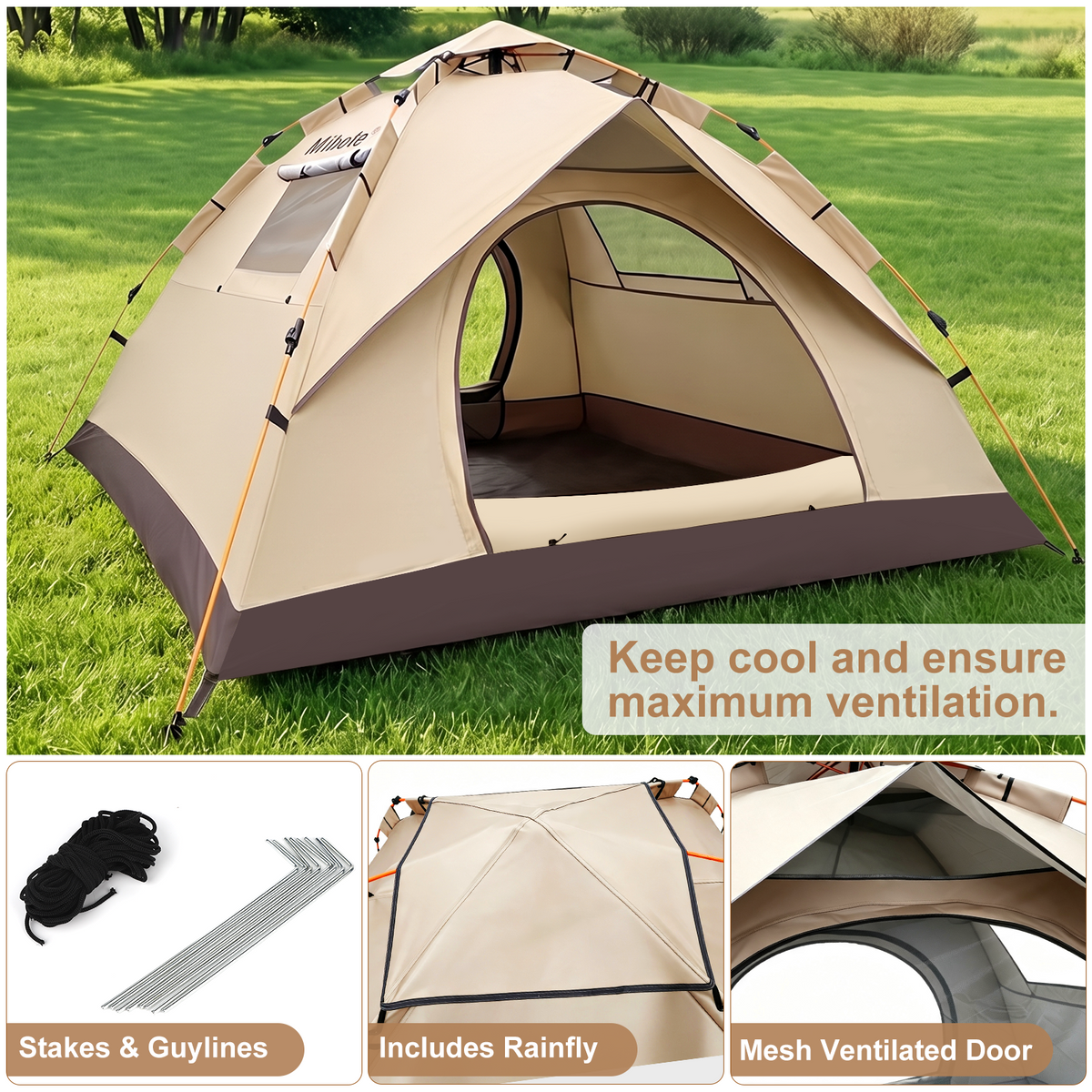 Mibote 2-4Person Camping Tent,Auto Setup Pop Up Tent,Waterproof,Huge Door & Windows for Camping,Hiking,Travel,khaki