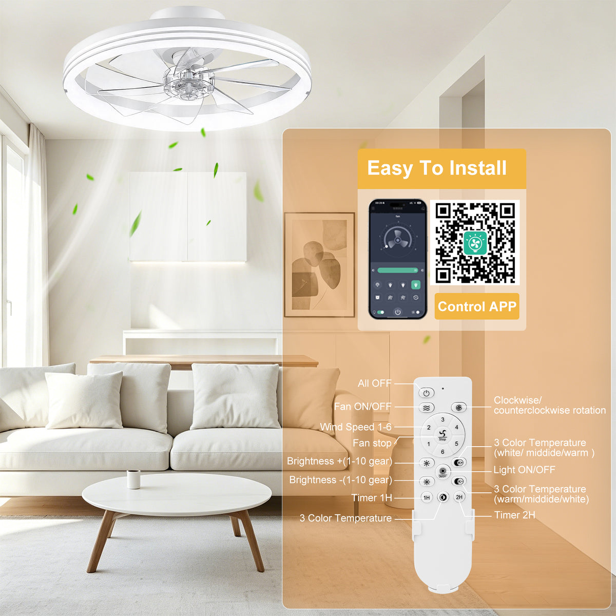 Foldable Ceiling Fans with Lights and Remote, 20'' Low Profile Ceiling Fans, 3000-6000K Dimmable Modern Flush Mount LED Fan Light, Fandelier Ceiling Fan for Bedroom, Kitchen, Living Room