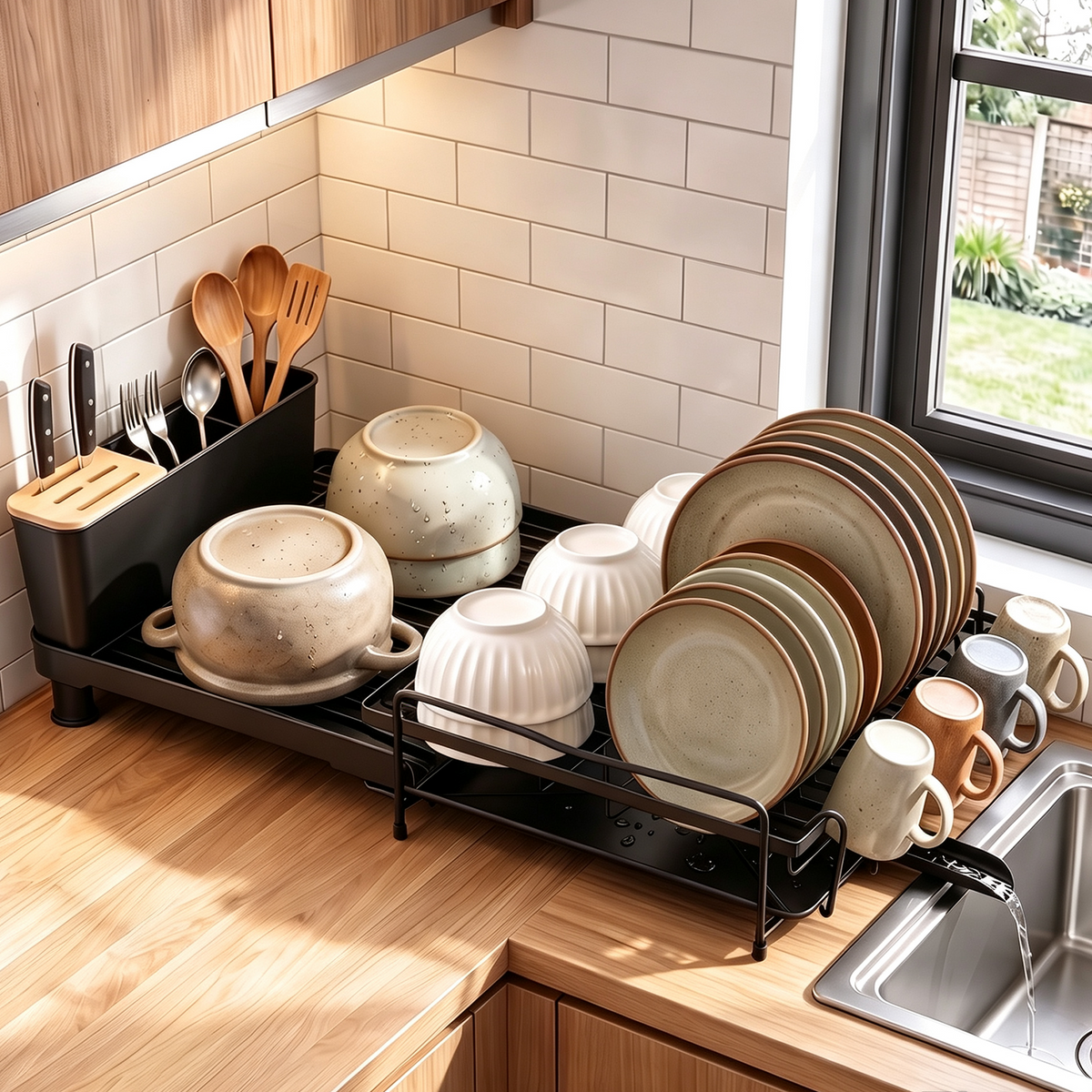 Extendable Dish Rack for Kitchen Counter, TAIMASI Multifunctional Large Dish Drying Rack, Anti-Rust Dish Drainers with Drainboard, Utensil Holder, Cup Holder, 19.2"-26.7" L x 12.9" W, Black