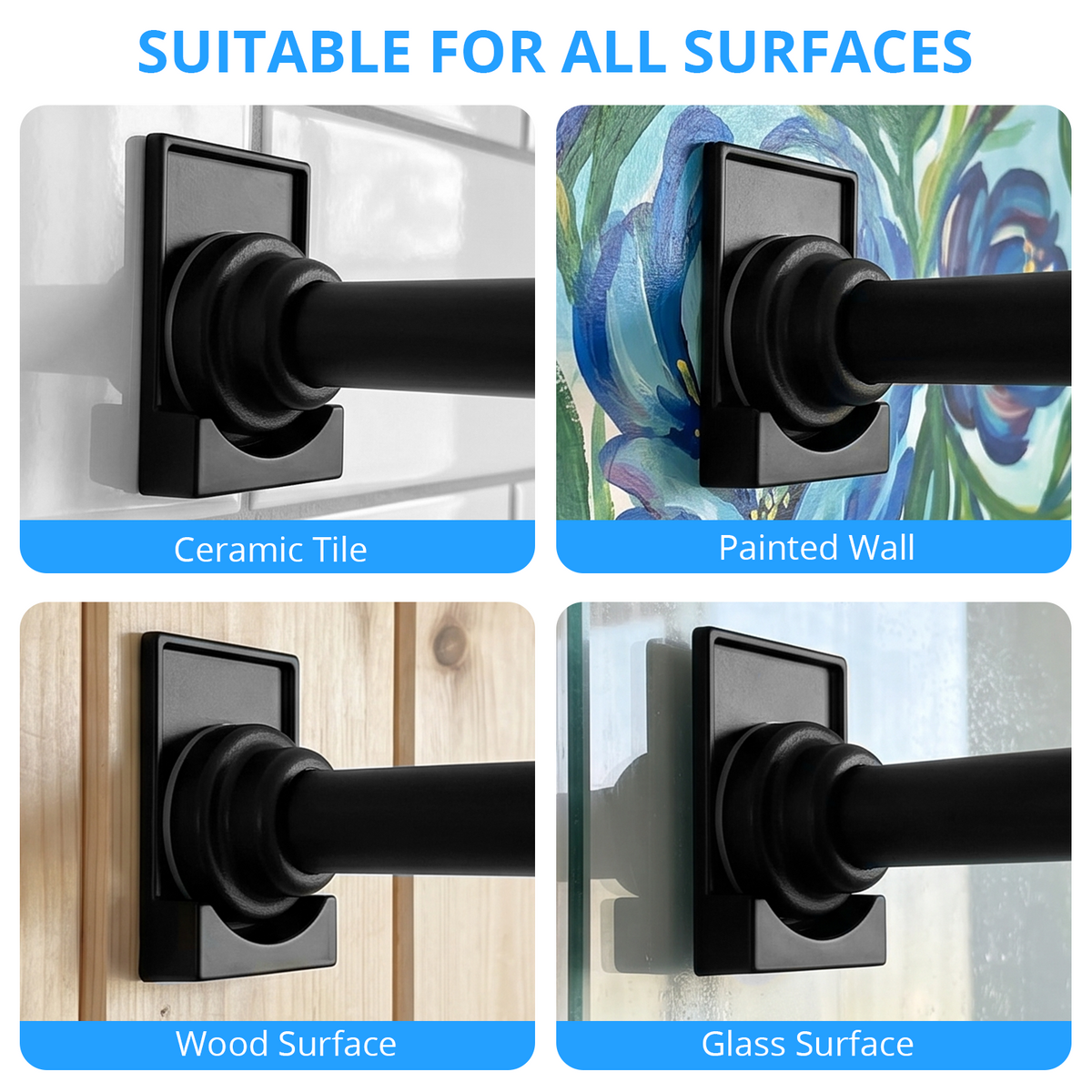 MIBOTE Shower Curtain Rods 32-85 Inch,Adjustable Curtain Rod with Holders for Windows,Anti-Slip,Curtain Rods No Drilling,Modern Design,Black