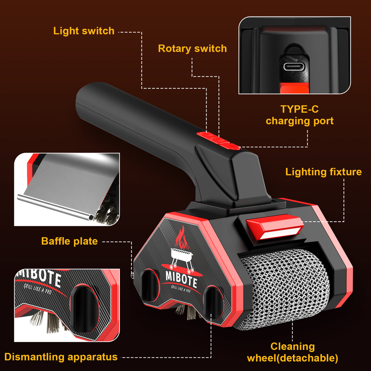 Mibote Electric Grill Brush,2-Speed Adjustment with 304 Stainless Steel,Rechargeable ,Waterproof for Outdoor Barbecue