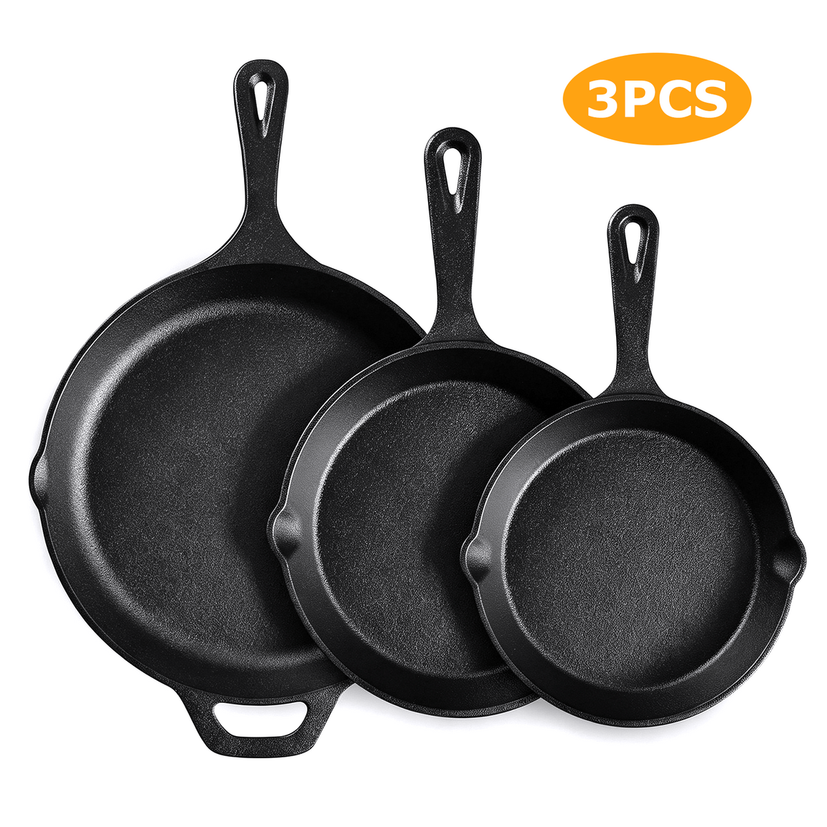 3 Piece Cast Iron Skillet Set, AOKIWO 6", 8", 10" Pre-Seasoned Pan Cookware Set with Handles, Heavy-Duty Frying Pans for Saute, Cooking, Pizza, Oven Grill Stovetop Safe Cookware