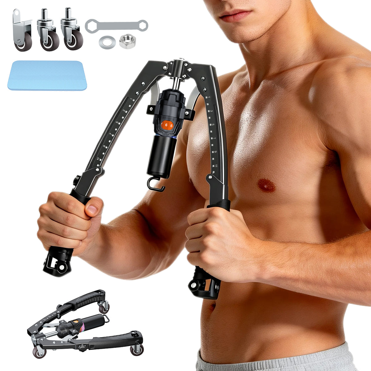 Twister Arm Trainer, 3 in 1 Hydraulic Power Adjustable Chest and Shoulder Workout Equipment with Ab Roller Wheels and Hooks