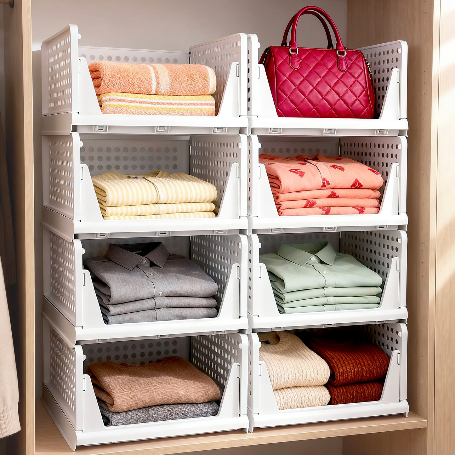TAIMASI 8 Pack Stackable Closet Storage Basket, Multifunctional Foldable Closet Organizer for Kitchen Bathroom Laundry Room Wardrobe Storage, Space-Saving Clothes Storage Drawer Organizer, White
