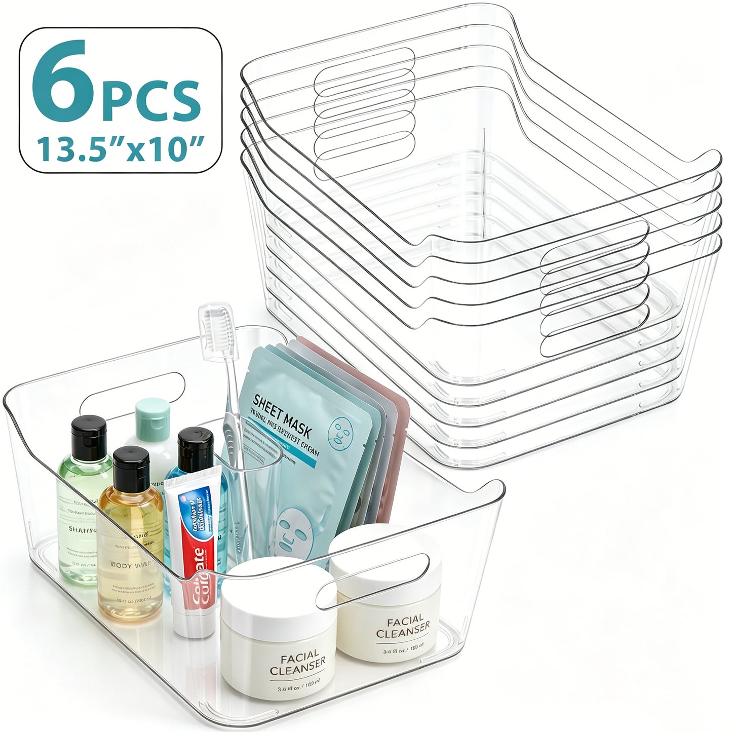 6 Pack Clear Plastic Storage Bins, TAIMASI Extra Large Pantry Organizer, 13.5" x 10" Multi-Use Organizer Bins, Stackable Storage Containers for Home, Kitchen, Cabinet