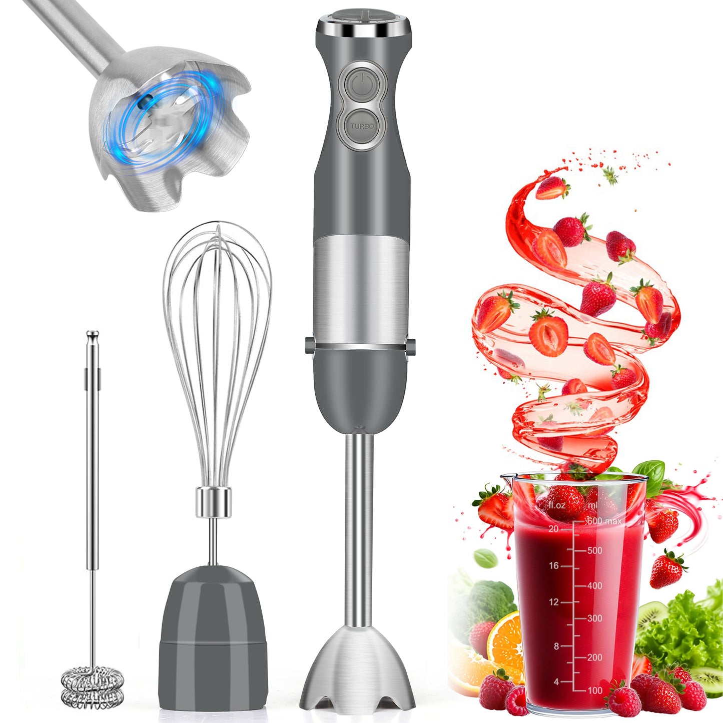 Immersion Blender Handheld, AOKIWO 3-in-1 Hand Blender 12 Speed Turbo Mode Stick Blender, Kitchen Stainless Steel Hand Blender with Chopper, Milk Frother, Whisk for Baby Food, Soup