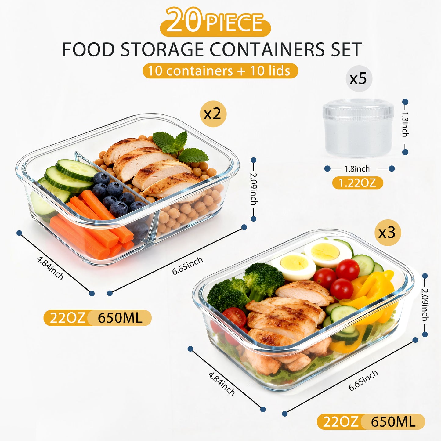 20 Pcs Glass Food Storage Containers with Lids, 1 & 2 Compartment Glass Airtight Meal Prep Containers with Sauce Containers(10 Containers & 10 Lids), Oven & Freezer Safe, Leak Proof, Grey