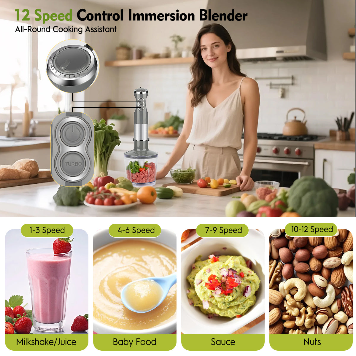 Immersion Blender Handheld, AOKIWO 5 in 1 Hand Blender 12 Speed Turbo Mode Stick Blender with Chopper, Milk Frother, Whisk, Beaker, Stainless Steel Hand Blender For Smoothie, Sauces