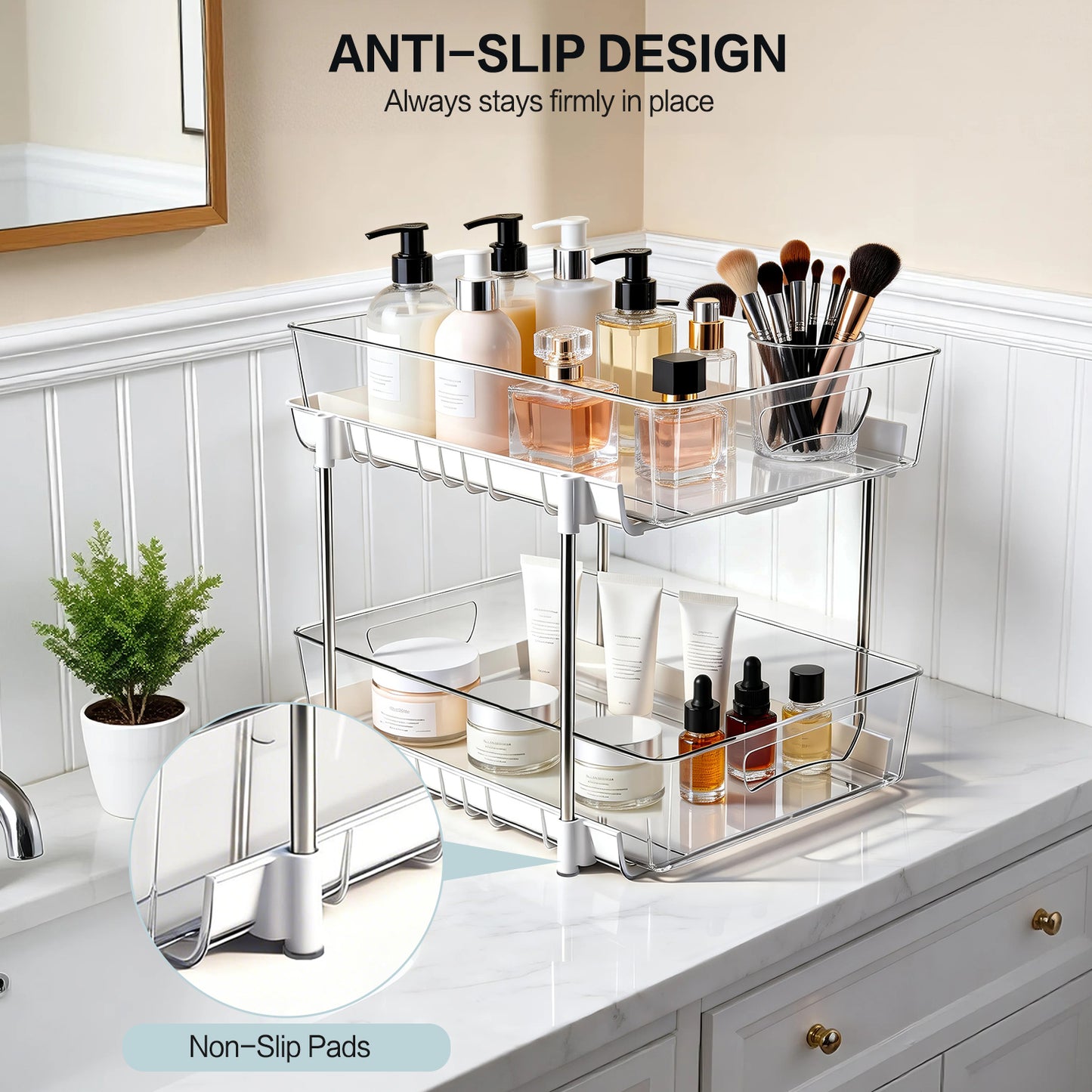 2 Pack Bathroom Organizer, 2 Tier Under Sink Organizers Vanity Countertop Storage Container, Kitchen Cabinet Drawers Bins, Pull-Out Organization for Pantry, Spice, White & Clear
