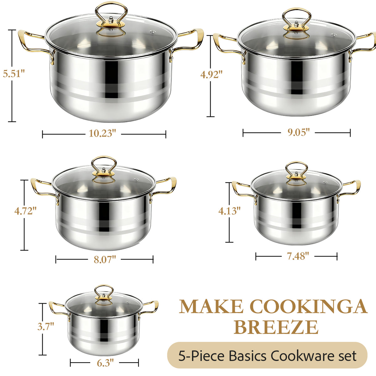 5 PCS Home Soup Pasta Pot, TAIMASI Stainless Steel Stock Pot with Visible Lid for Soup, Spaghetti, Heavy Duty Induction Cooking Pot for All Stoves, Dishwasher Safe
