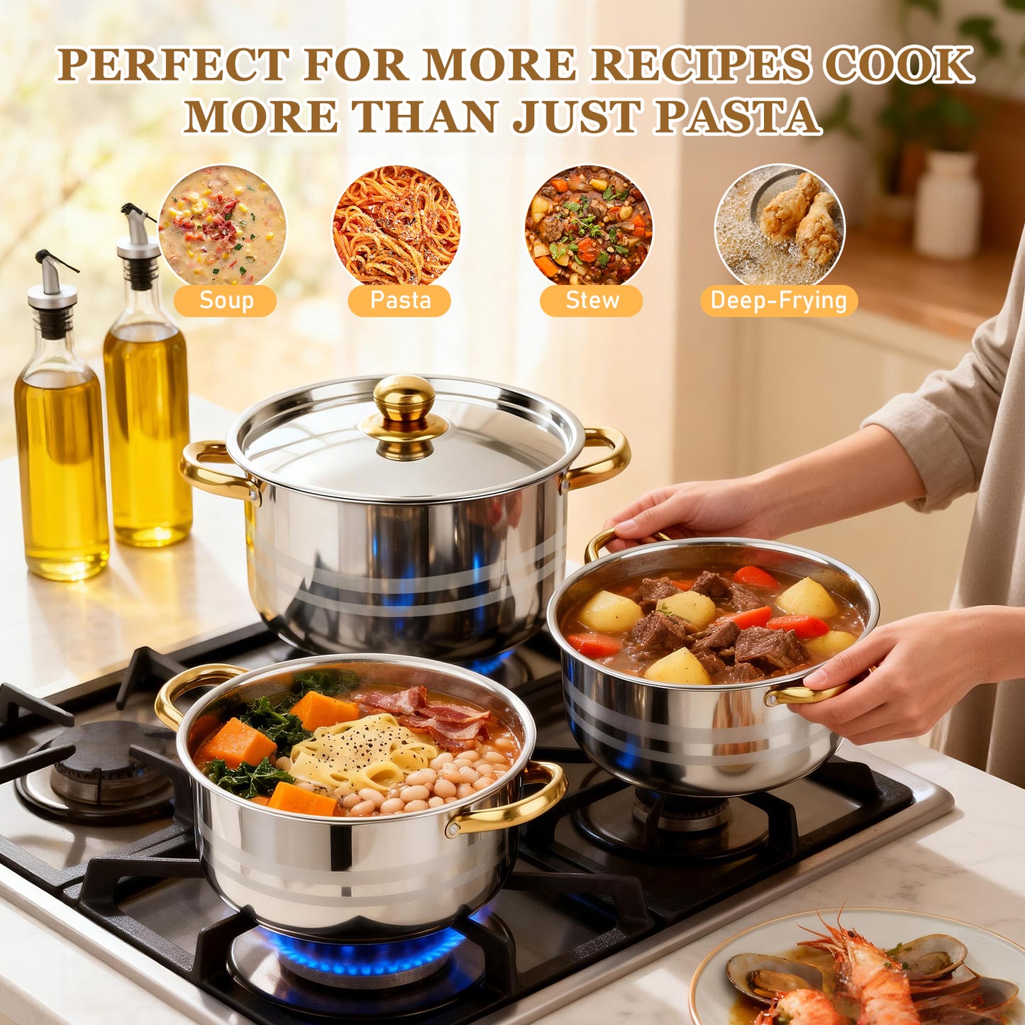 Home Sauce Pot, TAIMASI 5 PCS Stainless Steel Stock Pot with Lid for Pasta, Soup, Non Stick Stainless Steel Cookware Set Cooking Pot for All Cooktops