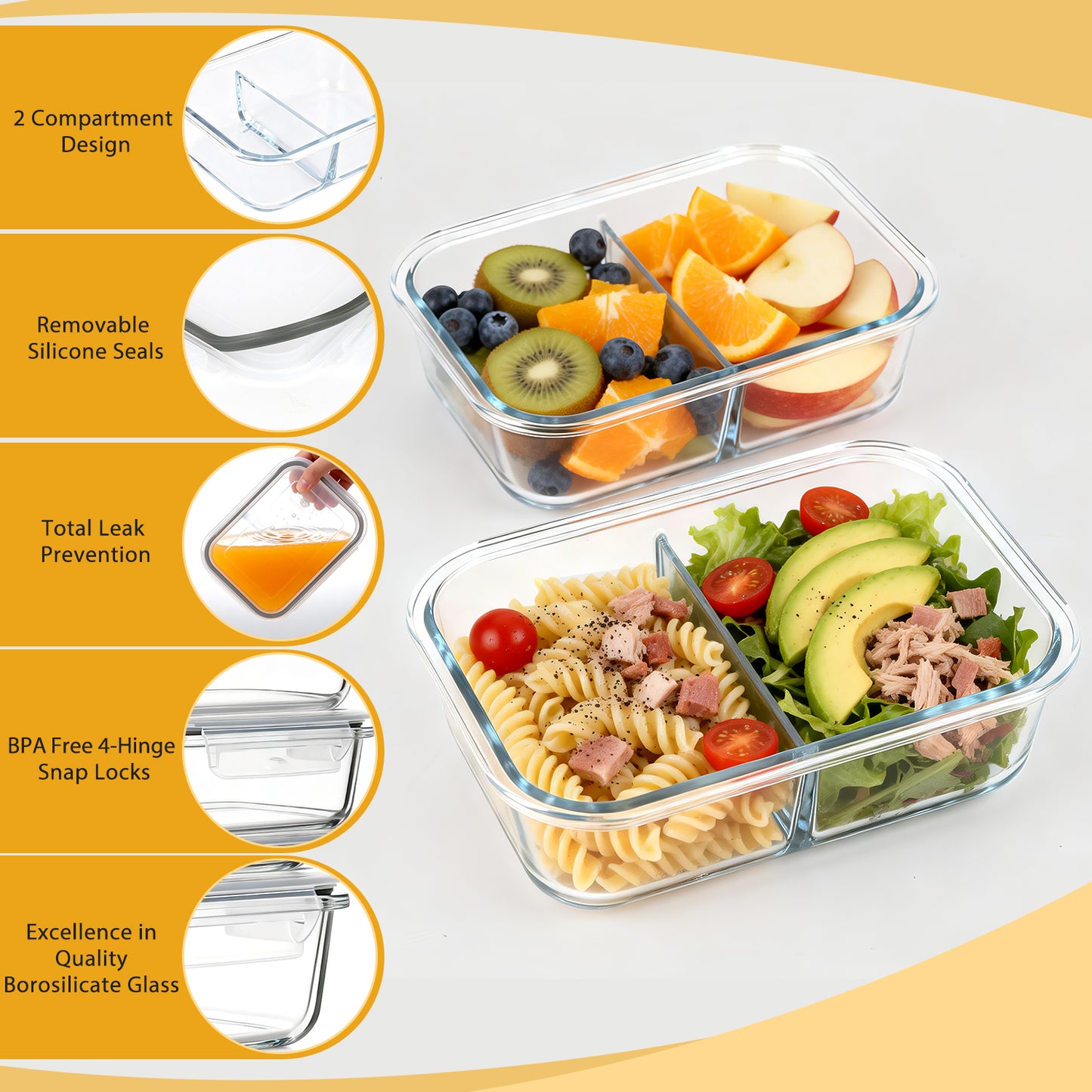 20 Pcs Glass Food Storage Containers with Lids, 1 & 2 Compartment Glass Airtight Meal Prep Containers with Sauce Containers(10 Containers & 10 Lids), Oven & Freezer Safe, Leak Proof, Grey