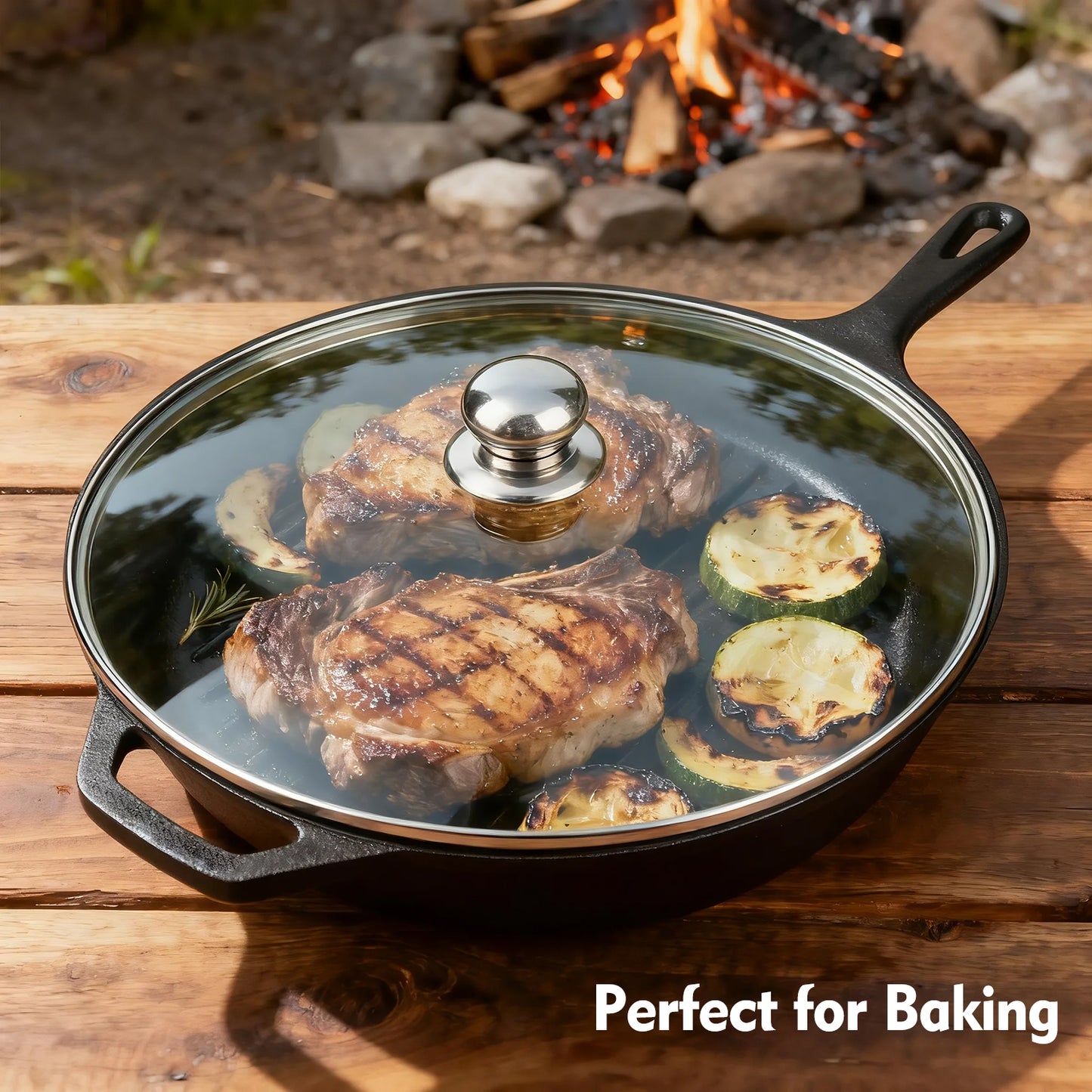 Cast Iron Skillet with Lid, AOKIWO 12" Pre-Seasoned Covered Frying Pan, Indoor/Outdoor Glass Cover Cookware Set for Grill, BBQ, Stovetop, Oven Safe