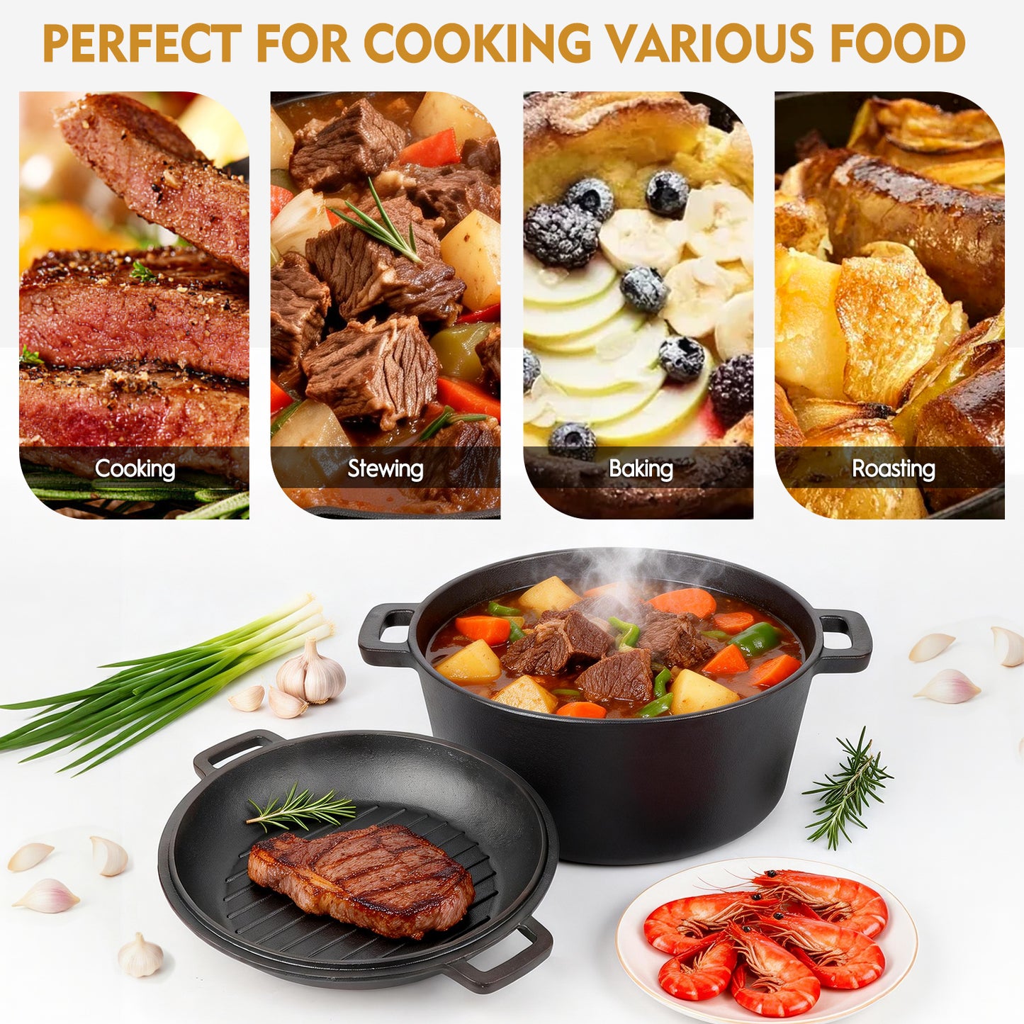 2-in-1 Cast Iron Dutch Oven Pot, TAIMASI 5 Qt Pre-Seasoned Cooking Pan with Skillet Lid & Dual Handles,Indoor Outdoor Cast Iron Skillet Cookware Pan Set for Bread Frying Baking
