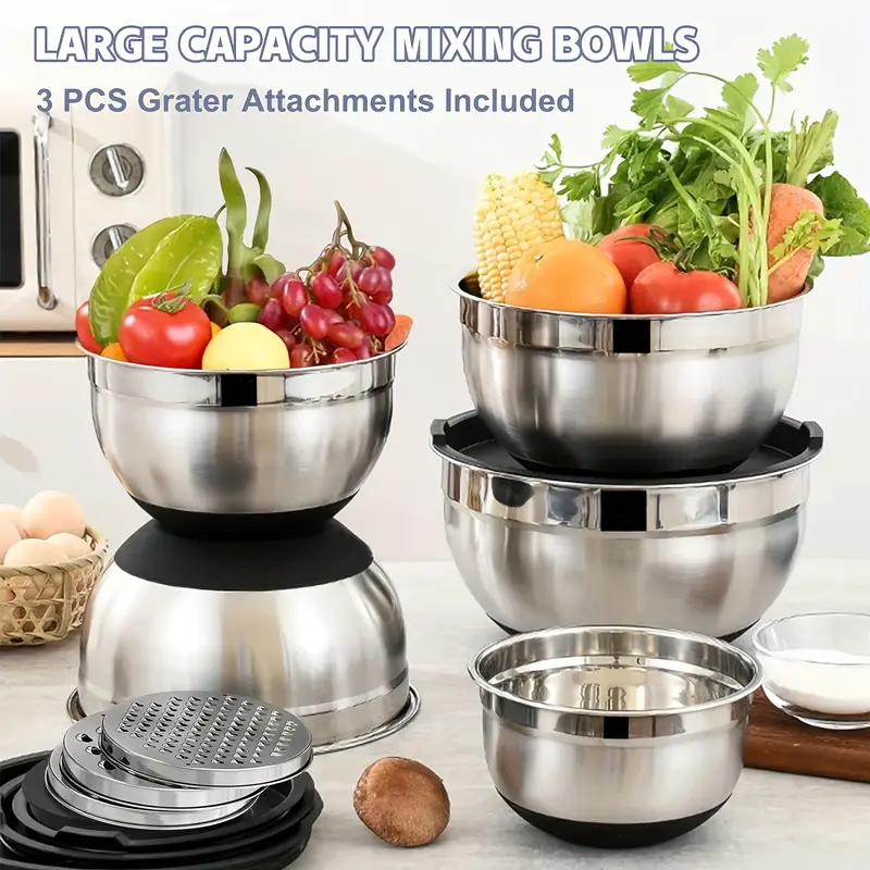 AOKIWO Mixing Bowls with Airtight Lids, 8PCS Stainless Steel Bowls Set with 3 Grater Attachments, Kitchen Bowls with Non-Slip Bottoms, Size 5, 4, 3.5, 2, 1.5 QT for Mixing & Serving, Black
