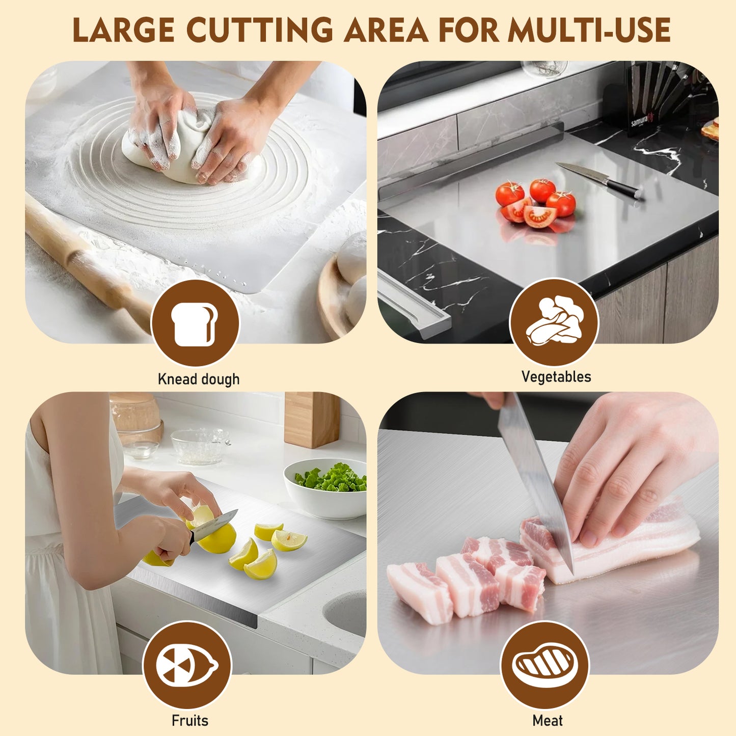 Cutting Boards for Kitchen, AOKIWO Large Stainless Steel Baking Boards with scraper, Suitable for Bread, Meat, Vegetables, (19.7 x 15.7 in)