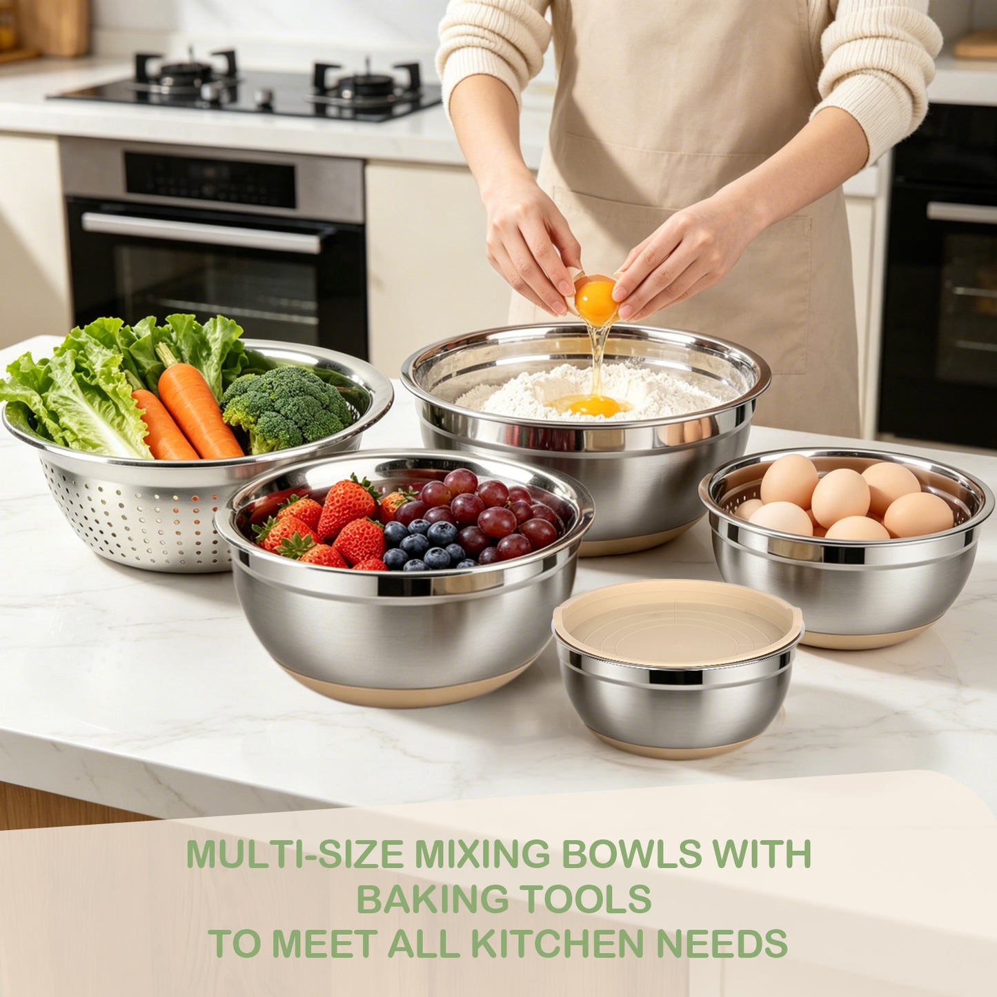 30 PCS Stainless Steel Mixing Bowls Set with Airtight Lids, Non-Slip Silicone Bottom, Colander & Grater, Kitchen Serving Gadgets, Sizes 4.5, 3, 2.5, 2, 1.5, 1, 0.75 QT