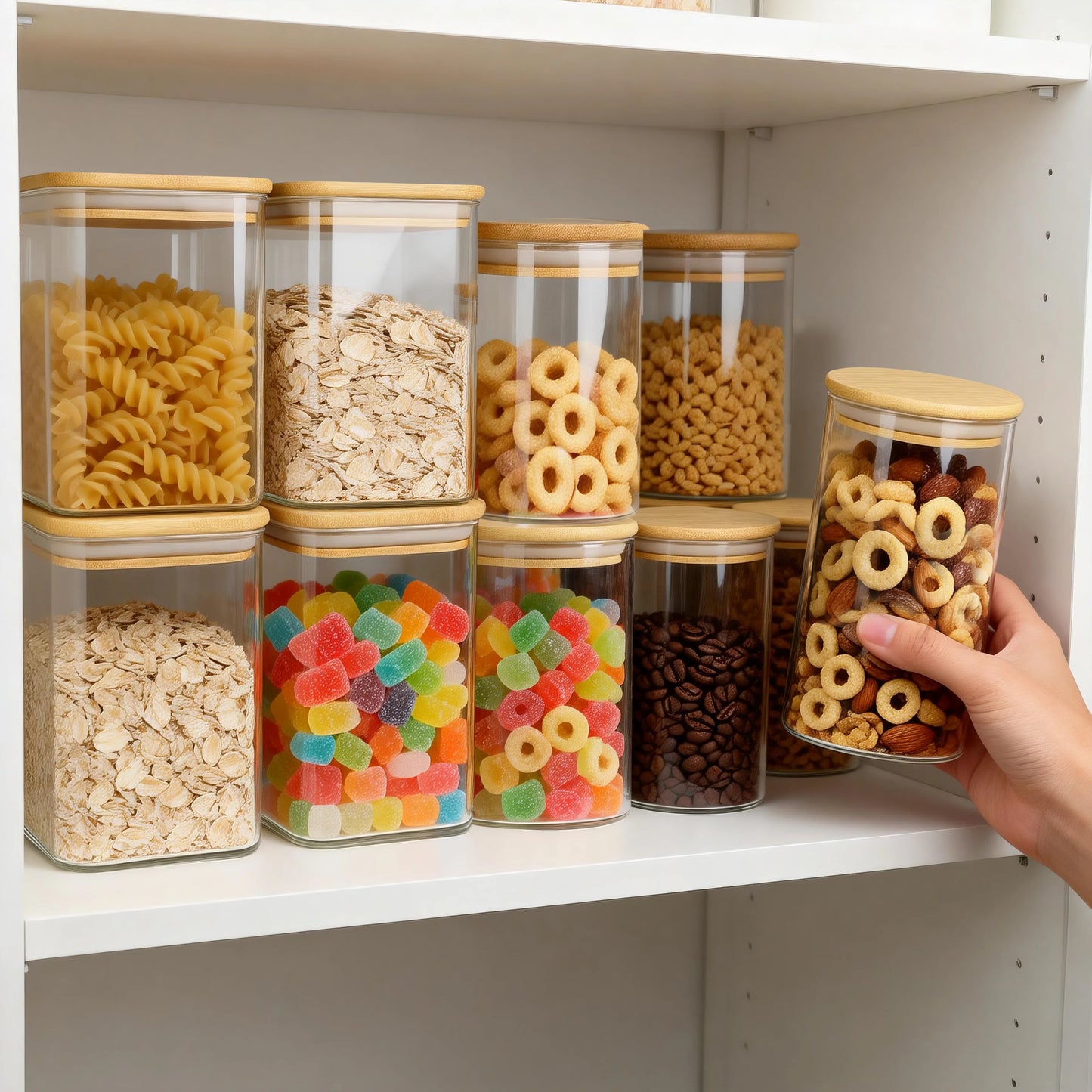 6 Pack Glass Storage Jars Set, 27oz & 37oz Clear Glass Food Storage Containers with Airtight Bamboo Lid, Stackable Kitchen Canisters for Candy, Cookie, Flour, Pasta, Nuts & Spice ( Labels + Marker)