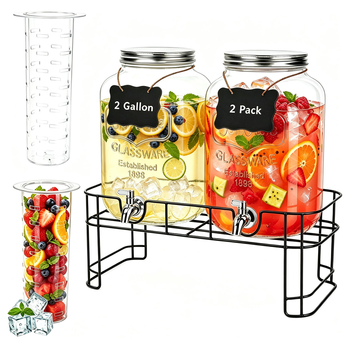 2 Gallon Drink Dispensers, TAIMASI 2 Pack Glass Beverage Dispenser with Stand & Stainless Steel Spigot for Parties, Lemonade Dispenser for Sun Tea, Picnic