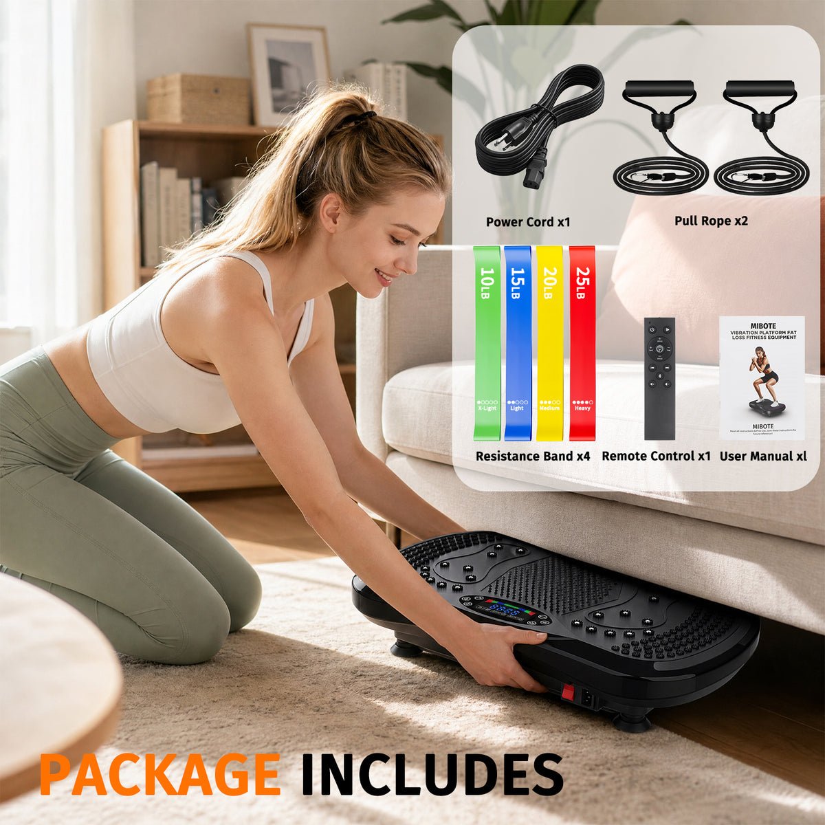 Mibote Extra-Large Platform Vibration Plate Machine, Full Body Workout with 2 Loop Bands + 4 Resistance Bands & Remote Control, Toning & Strength Training for Men & Women