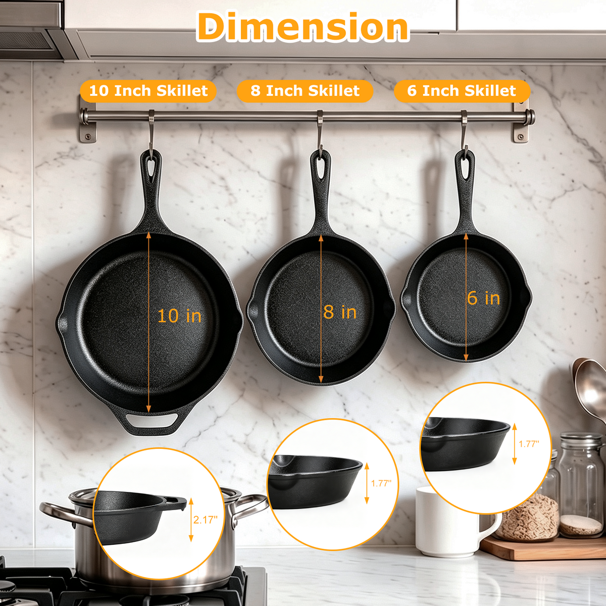 3 Piece Cast Iron Skillet Set, AOKIWO 6", 8", 10" Pre-Seasoned Pan Cookware Set with Handles, Heavy-Duty Frying Pans for Saute, Cooking, Pizza, Oven Grill Stovetop Safe Cookware