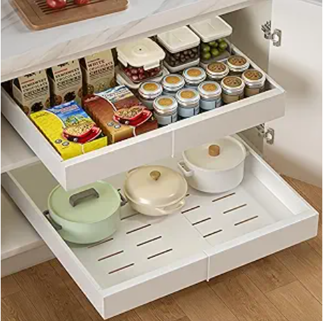 1 Pack Pull Out Cabinet Organizers Expandable, Slide Out Drawers for Kitchen, Bathroom, Pantry, Under Sink Storage, Pull Out Drawers Fixed with Adhesive Nano Film (White, 11.6''-17.5'') (Copy)