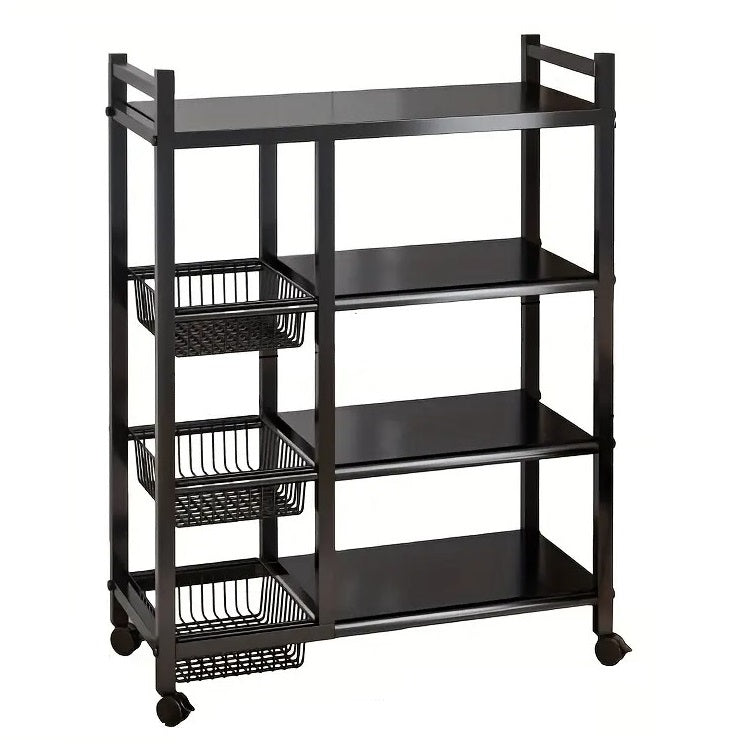 4-Tier Movable Storage Rack, Heavy-Duty Metal Shelf with 3 Wire Baskets and Wheels, Metal Shelves Organizer for Kitchen, Bathroom, Office, Garage