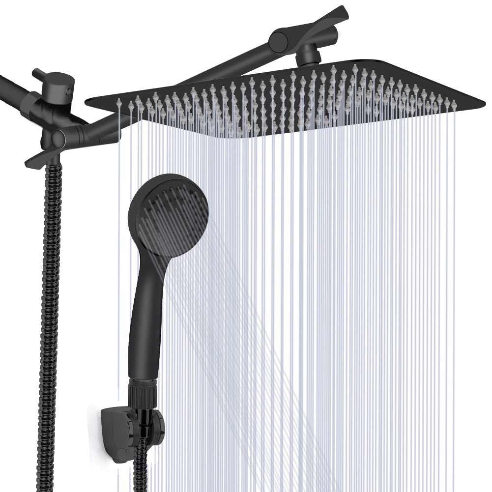 Shower Head, 8'' High Pressure Rainfall/Handheld Shower Combo with 11'' Extension Arm, 9 Settings, Anti-leak Shower Head with Holder, Height/Angle Adjustable, Chrome, Matte Black