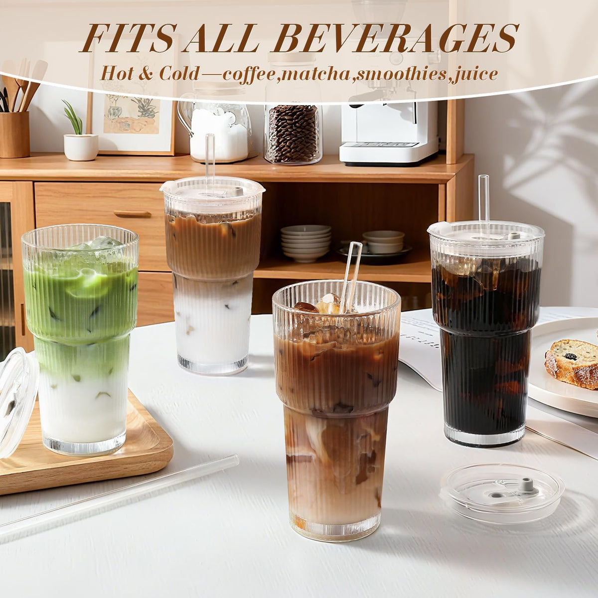 4 Packs Glass Cup with Lids and Straws, TAIMASI Ribbed 20oz Leak Proof Iced Coffee Tumbler Set with Brush ,Iced Coffee, Smoothies, Cocktails, Juice