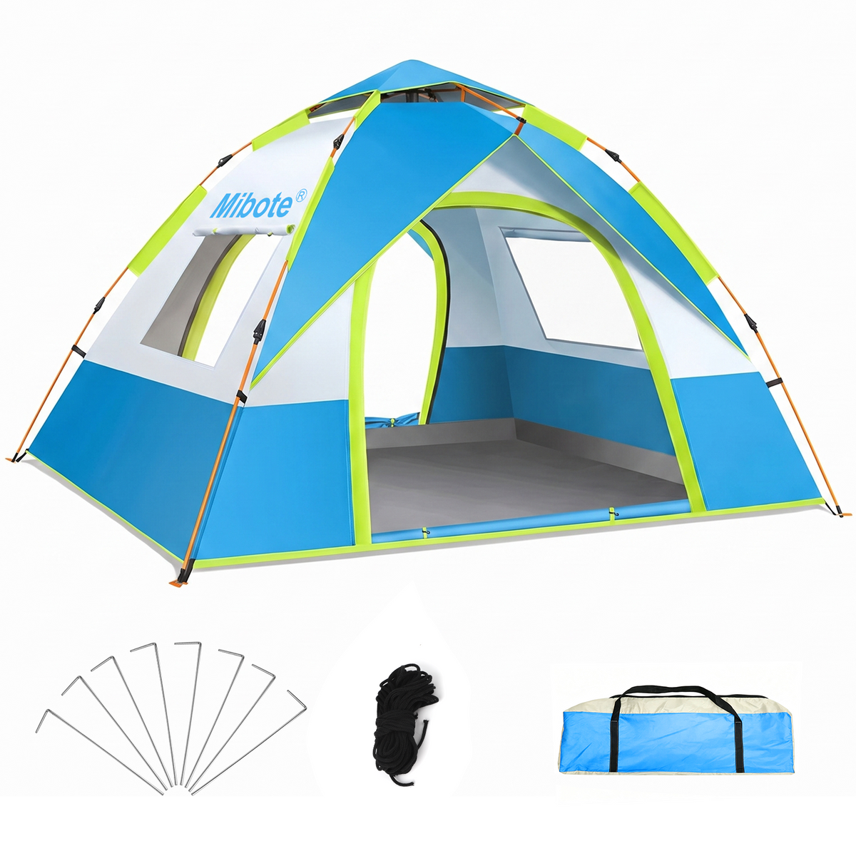 Mibote 2-4Person Camping Tent,Auto Setup Pop Up Tent,Waterproof,Huge Door & Windows for Camping,Hiking,Travel,Blue