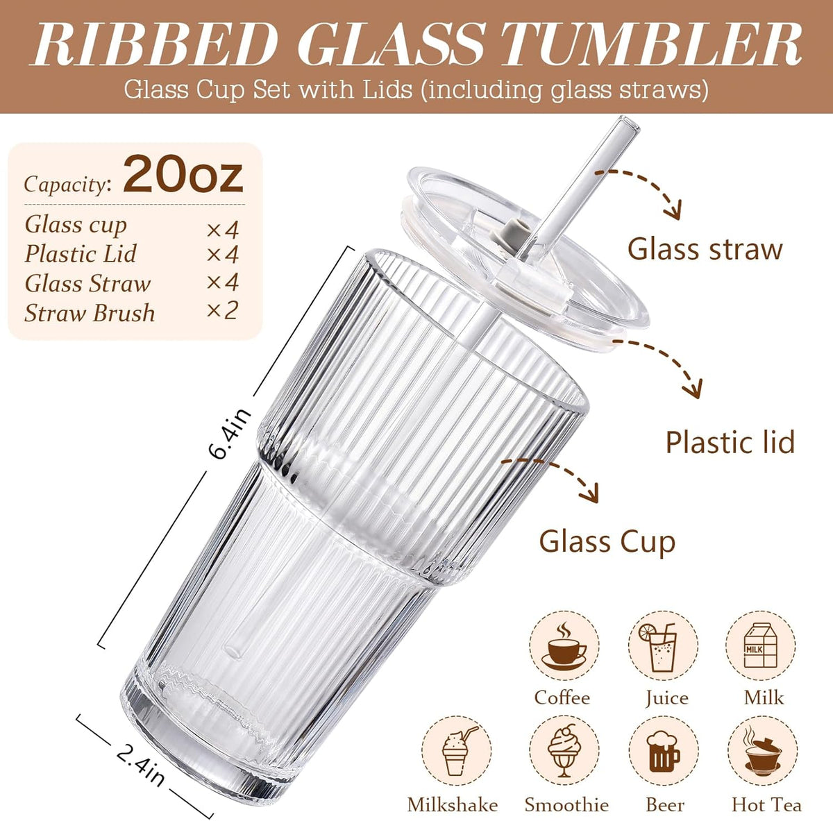 4 Packs Glass Cup with Lids and Straws, TAIMASI Ribbed 20oz Leak Proof Iced Coffee Tumbler Set with Brush ,Iced Coffee, Smoothies, Cocktails, Juice