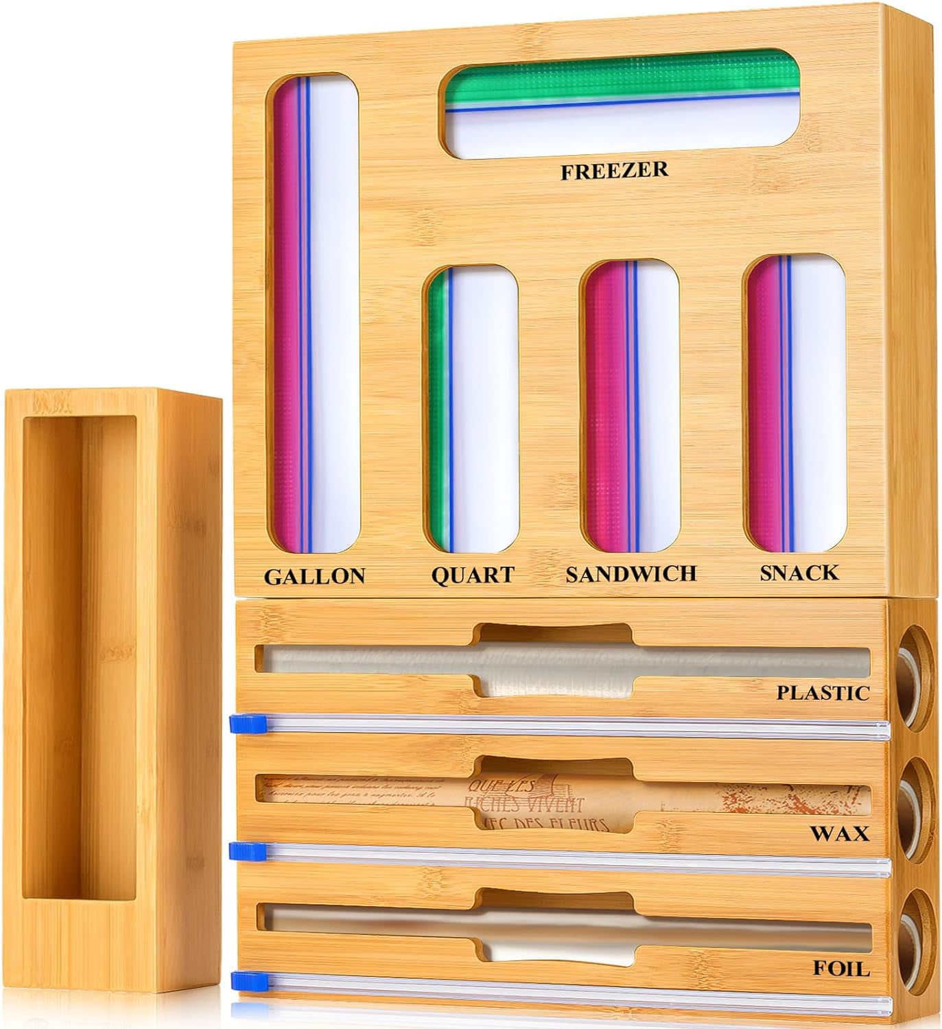 9 IN 1 Kitchen Ziplock Bag Organizer, AOKIWO Bamboo Foil and Plastic Wrap with Cutter for Kitchen Drawer, Compatible Gallon, Quart, Sandwich Snack Size