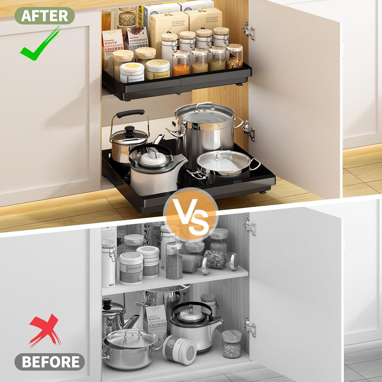 2 Pack Expandable Pull Out Cabinet Organizer, AOKIWO Slide Out Drawers Storage with Adhesive Nano Film for Kitchen Pantry Under Sink (Black, 13''-19'')