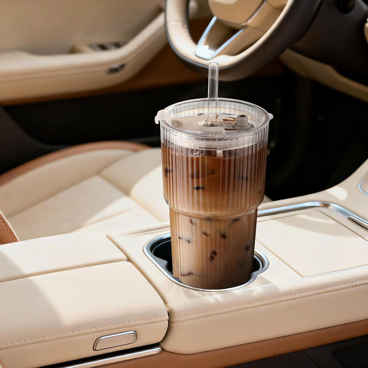 4 Packs Glass Cup with Lids and Straws, TAIMASI Ribbed 20oz Leak Proof Iced Coffee Tumbler Set with Brush ,Iced Coffee, Smoothies, Cocktails, Juice