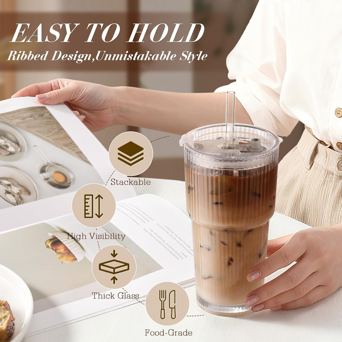 4 Packs Glass Cup with Lids and Straws, TAIMASI Ribbed 20oz Leak Proof Iced Coffee Tumbler Set with Brush ,Iced Coffee, Smoothies, Cocktails, Juice