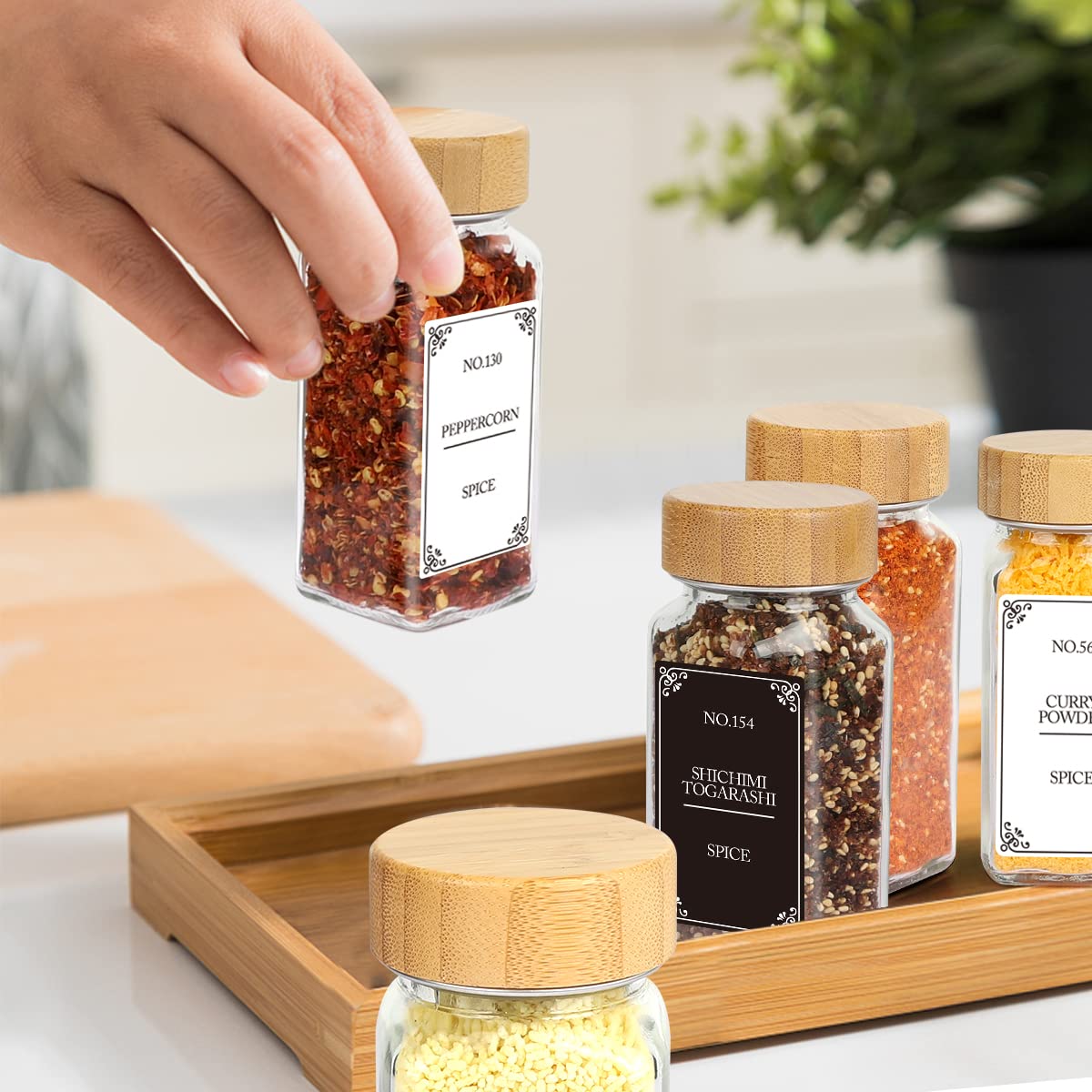 Spice Jars with Labels, 24 Pcs 4oz Glass Spice Jars with Bamboo Lid and 648 Waterproof Printed Labels, 2 Salt and Pepper Grinder Set, Empty Spice Containers Bottles for Pantry,Cabinet,Drawer