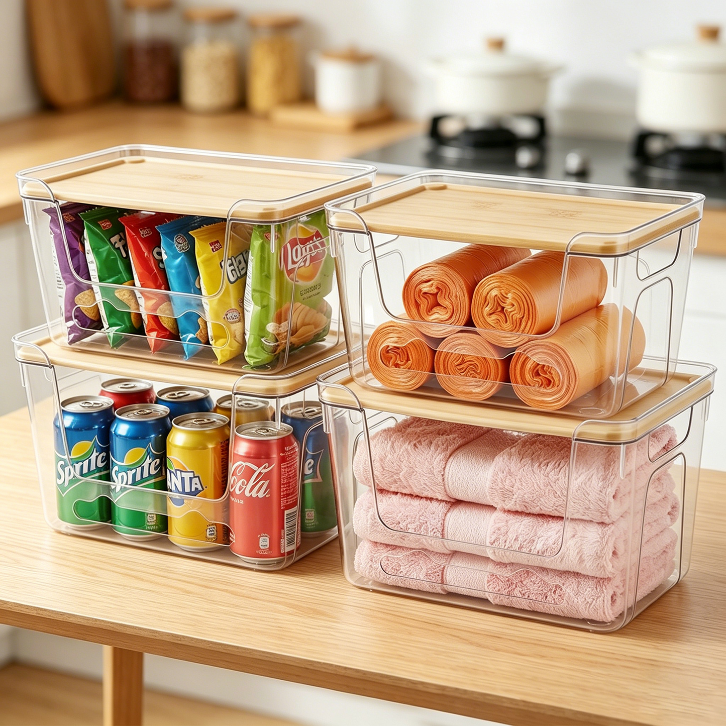 4 Pcs Garbage Bag Dispenser, TAIMASI Stackable Trash Bag Holder with Plastic Lid for 4-33 Gal Bags, Clear Organizer Bins for Under Sink Organization, Kitchen, Laundry, Pantry