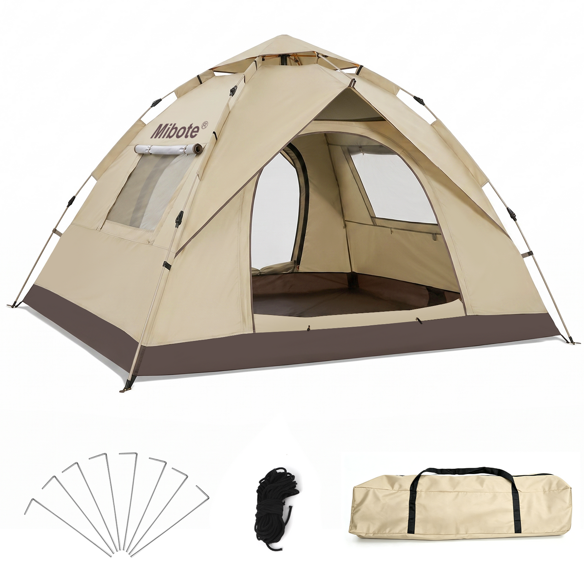 Mibote 2-4Person Camping Tent,Auto Setup Pop Up Tent,Waterproof,Huge Door & Windows for Camping,Hiking,Travel,khaki