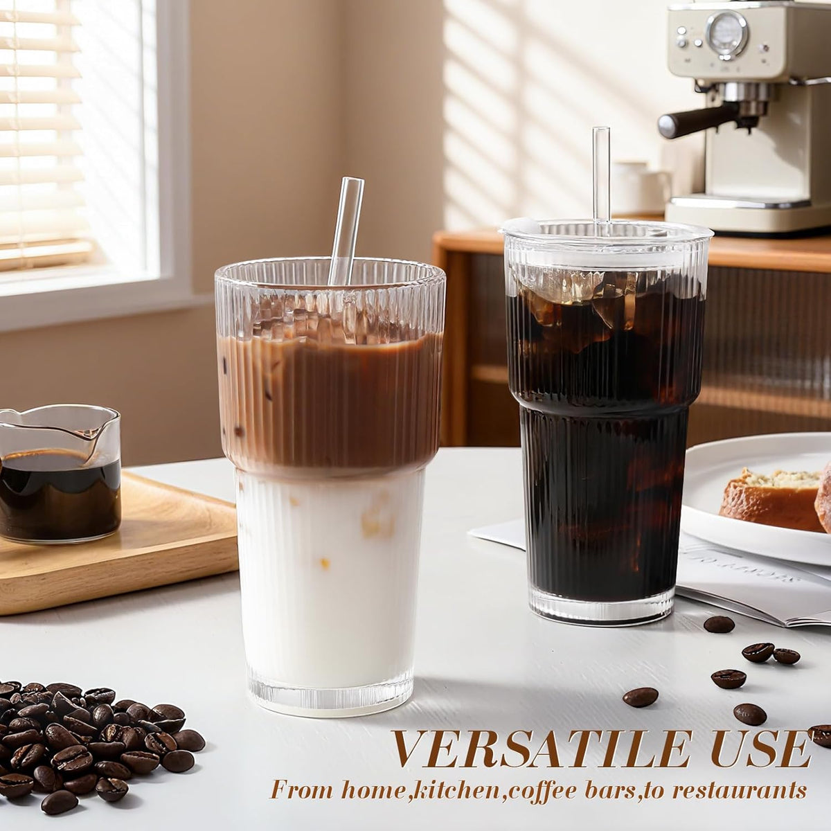 4 Packs Glass Cup with Lids and Straws, TAIMASI Ribbed 20oz Leak Proof Iced Coffee Tumbler Set with Brush ,Iced Coffee, Smoothies, Cocktails, Juice