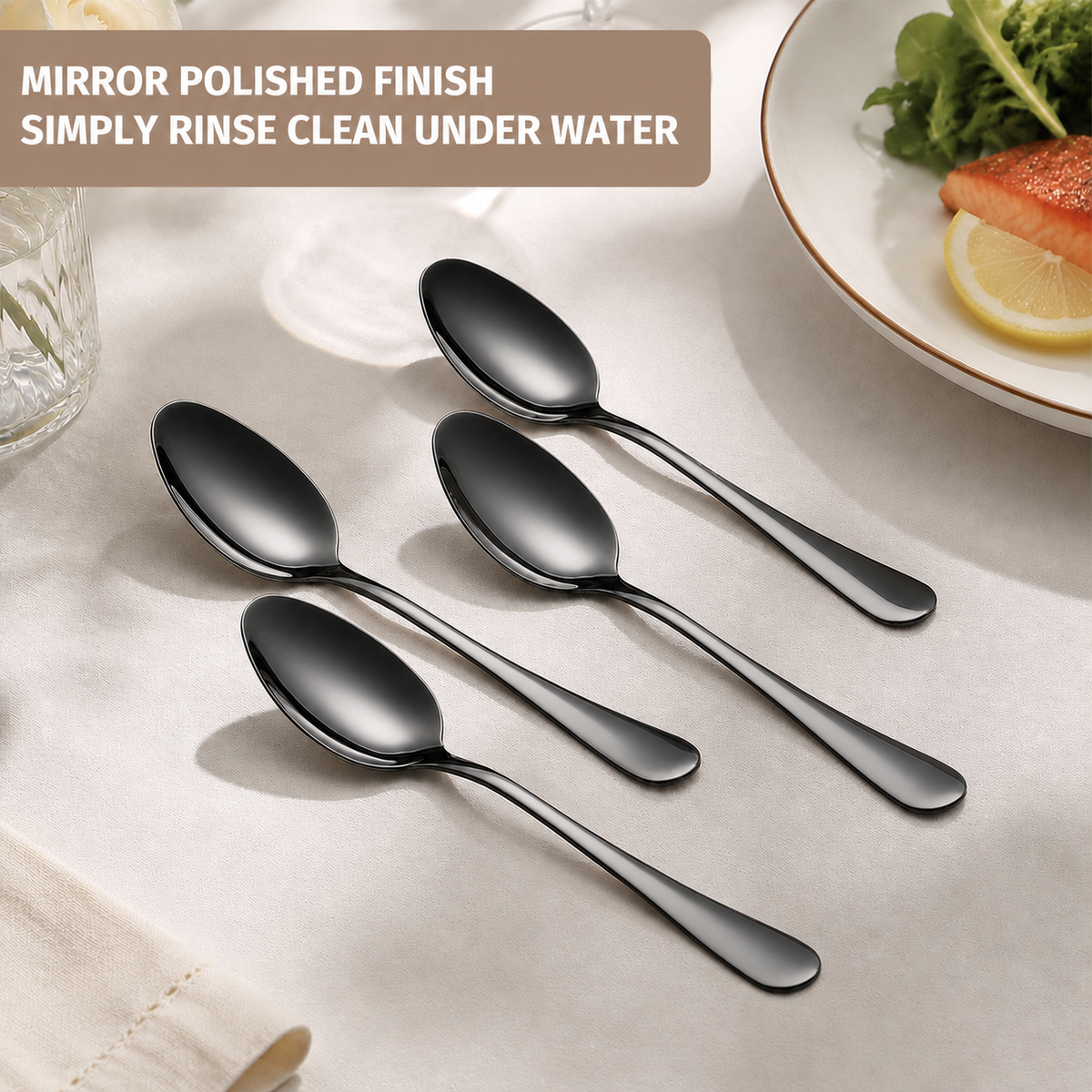 24-Pieces Spoon Fork Silverware Set, TAIMASI Food-Grade Tableware Set for 12, Stainless Steel Mirror-Polished Dining Flatware Set for Home Restaurant, Black