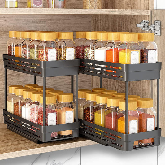 2 Pack Pull Out Spice Rack Organizer for Cabinet, AOKIWO Multi-Purpose Kitchen Storage Cabinet Organizer, Fits 12"H x 11"D x 5"W, Black