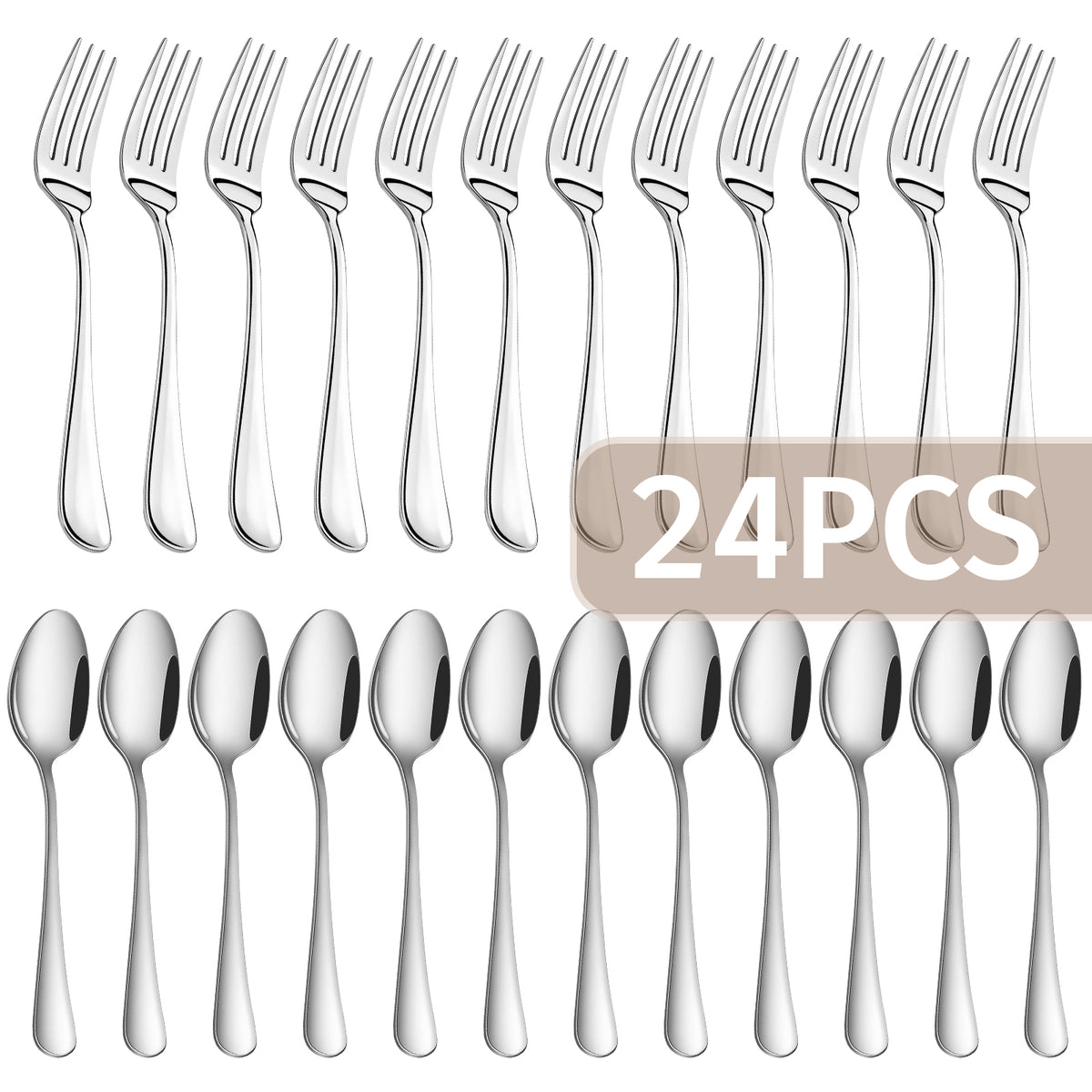 24-Pieces Spoon Fork Silverware Set, TAIMASI Food-Grade Tableware Set for 12, Stainless Steel , Mirror-Polished Dining Flatware Set for Home Restaurant