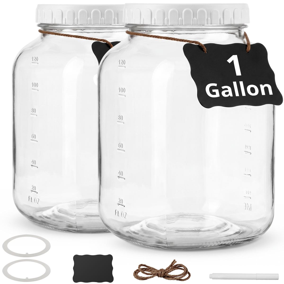 1 Gallon Clear Glass Jar with Lid, TAIMASI 2 Pack Wide-Mouth Large Mason Jars with Silicone Gasket, 2 Scale Mark, Glass Storage Container for Canning, Pickling, Storing Food