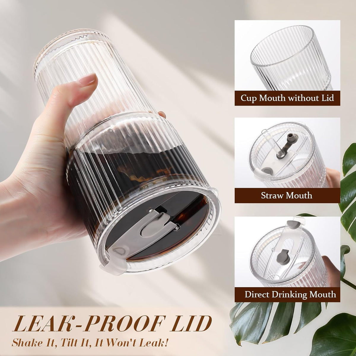 4 Packs Glass Cup with Lids and Straws, TAIMASI Ribbed 20oz Leak Proof Iced Coffee Tumbler Set with Brush ,Iced Coffee, Smoothies, Cocktails, Juice