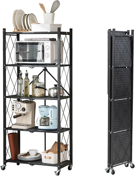5-Tier Foldable Metal Storage Shelf with Wheels, Heavy-Duty Movable Wire Rack for Garage, Kitchen, Basement, Pantry, 28''L x 13.4''W x 61.4''H-Black