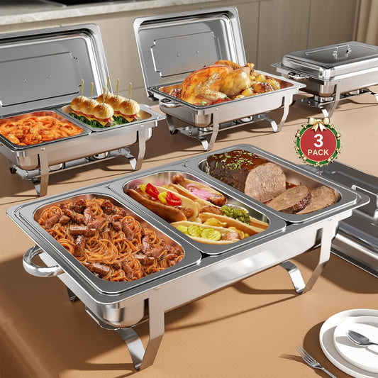 Chafing Dishes for Buffet ,AOKIWO 3 Packs 8QT Mirrored Stainless Steel Chafing Dishes for Buffet, Chafers and Buffet Warmer for Parties, Events, Wedding, Camping, Dinner