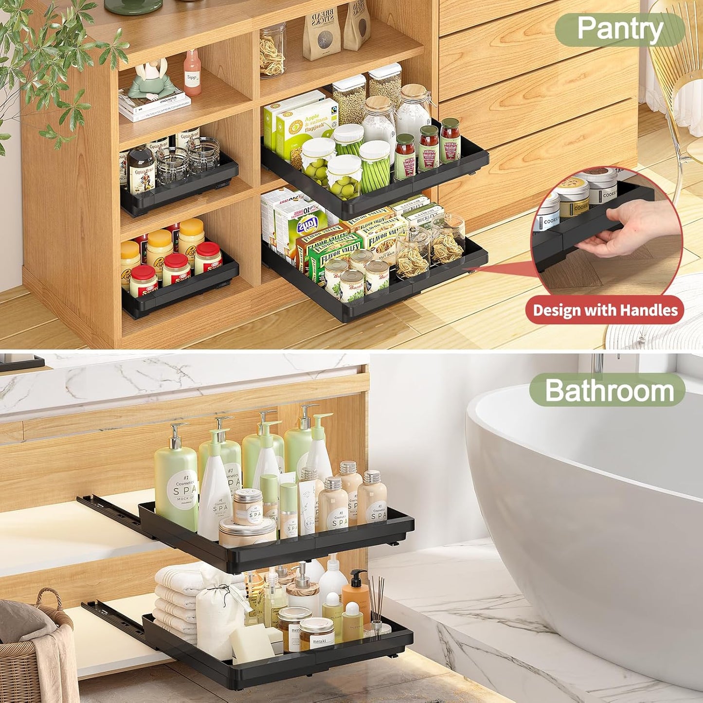 2 Pack Expandable Pull Out Cabinet Organizer, AOKIWO Slide Out Drawers Storage with Adhesive Nano Film for Kitchen Pantry Under Sink (Black, 13''-19'')