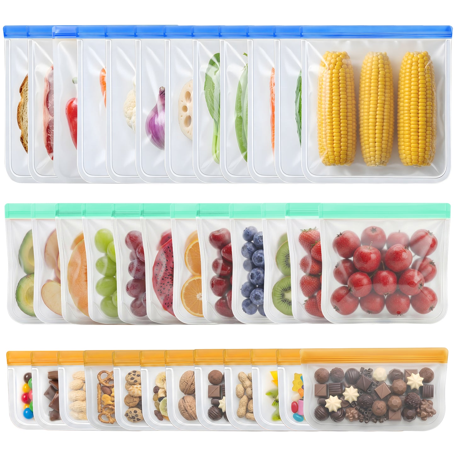 Reusable Food Storage Bags, Silicone Bags for Food Storage, Leakproof Airtight, BPA Free, Freezer Safe, 3 Sizes Reusable Freezer Bags for Meal Prep, Snacks, Fridge, Travel